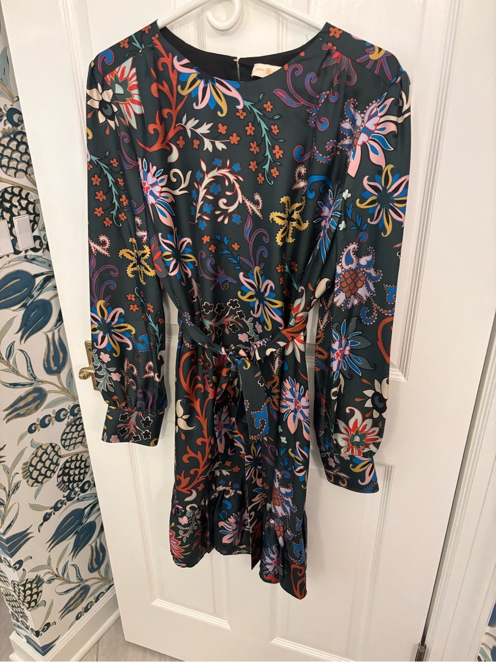Tory Burch Dark Green Multicolor Floral Long-Sleeve Tie-Waist Dress